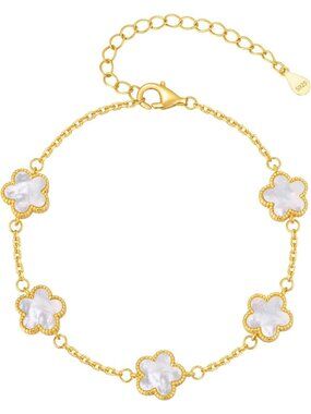 14K Gold Plated Mother of Pearl Clover Bracelet - Sterling Silver Charm Jewelry